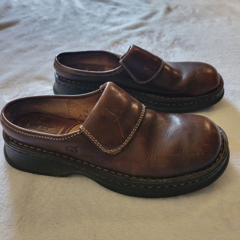 Born Vintage Brown Leather Clog Mules 7.5 Cottagecore Y2K Granola Chunky